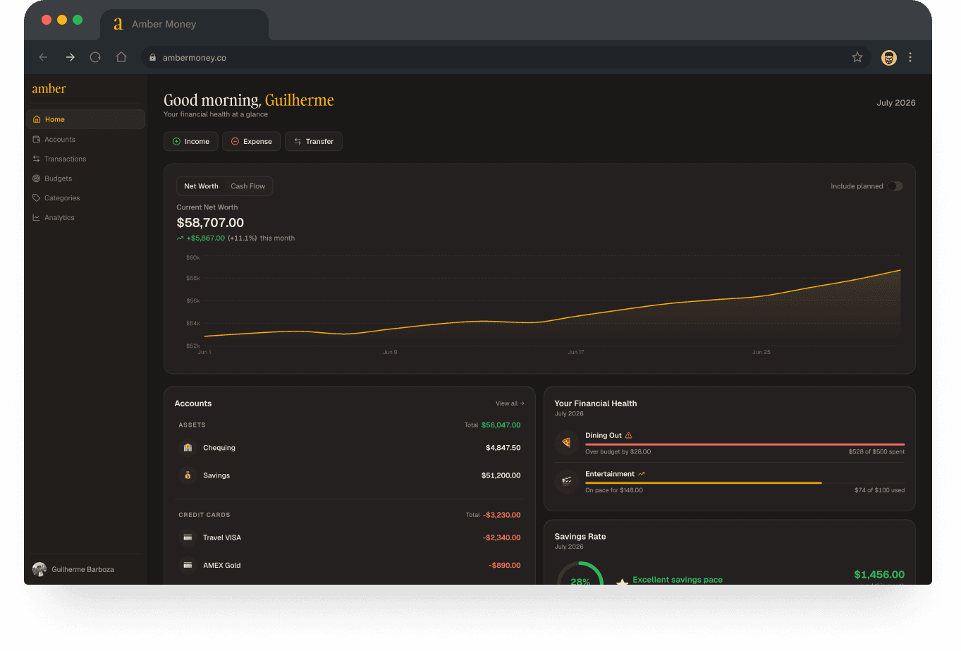 Amber dashboard — your complete financial overview